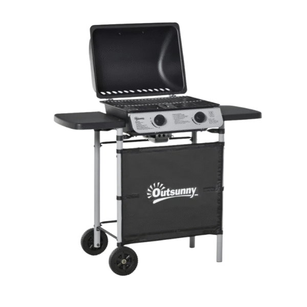 Barbecue a Gas, 2 Fuochi da 2.8kW, con Mensole Laterali e Ruote