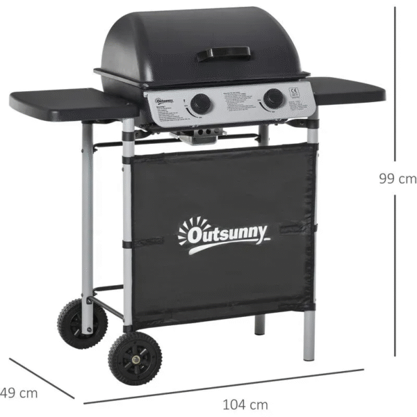 Barbecue a Gas, 2 Fuochi da 2.8kW, con Mensole Laterali e Ruote - immagine 2